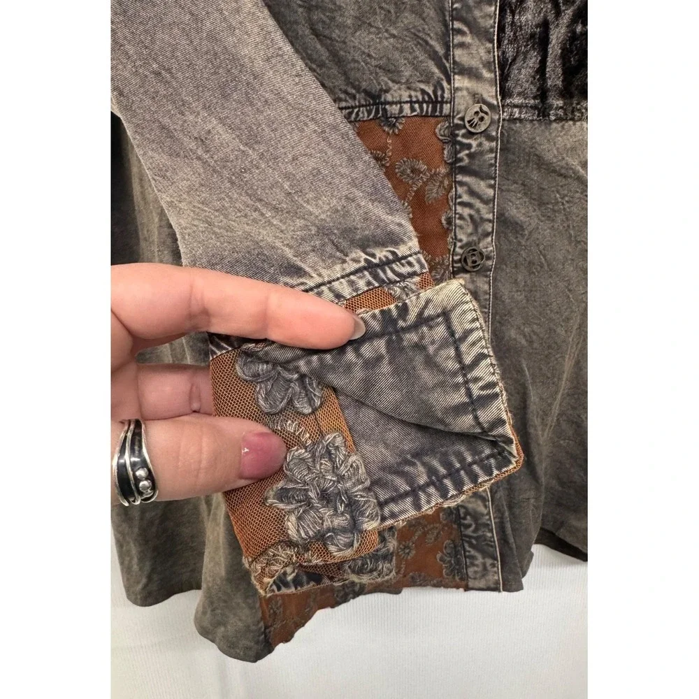 Women’s Boho Patchwork Button Front Shirt XL Velvet Artsy Parsley‎ & Sage - Picture 3 of 10